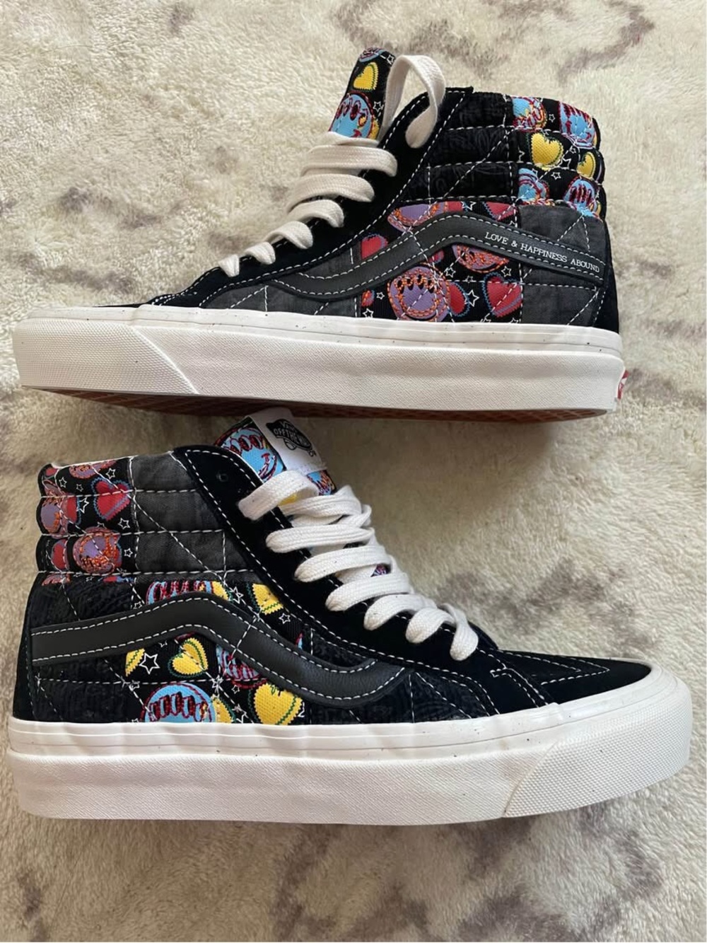Vans White and Navy High Top Sneakers with Multicolor Accents